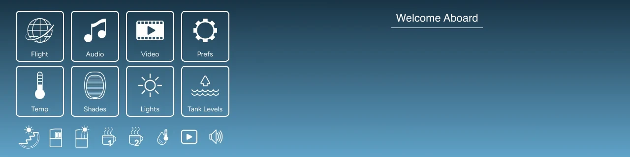 Cabin display welcome screen: tiles for flight, audio, video, preferences, temperature, shades, lights and tank levels, with the words Welcome Aboard