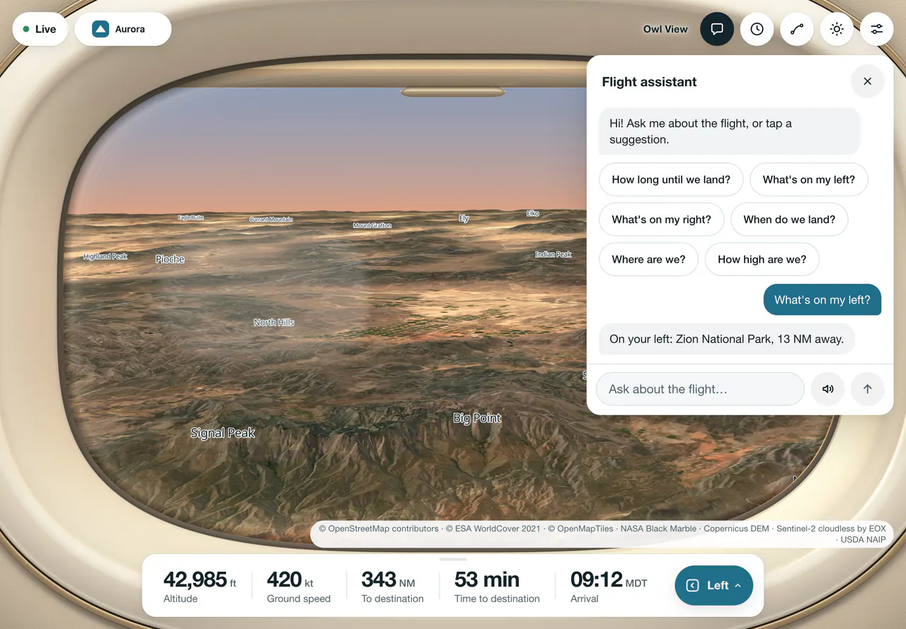 The flight assistant open beside the left window view at golden hour: the spoken question “What's on my left?” and the answer, Zion National Park, 13 nautical miles away