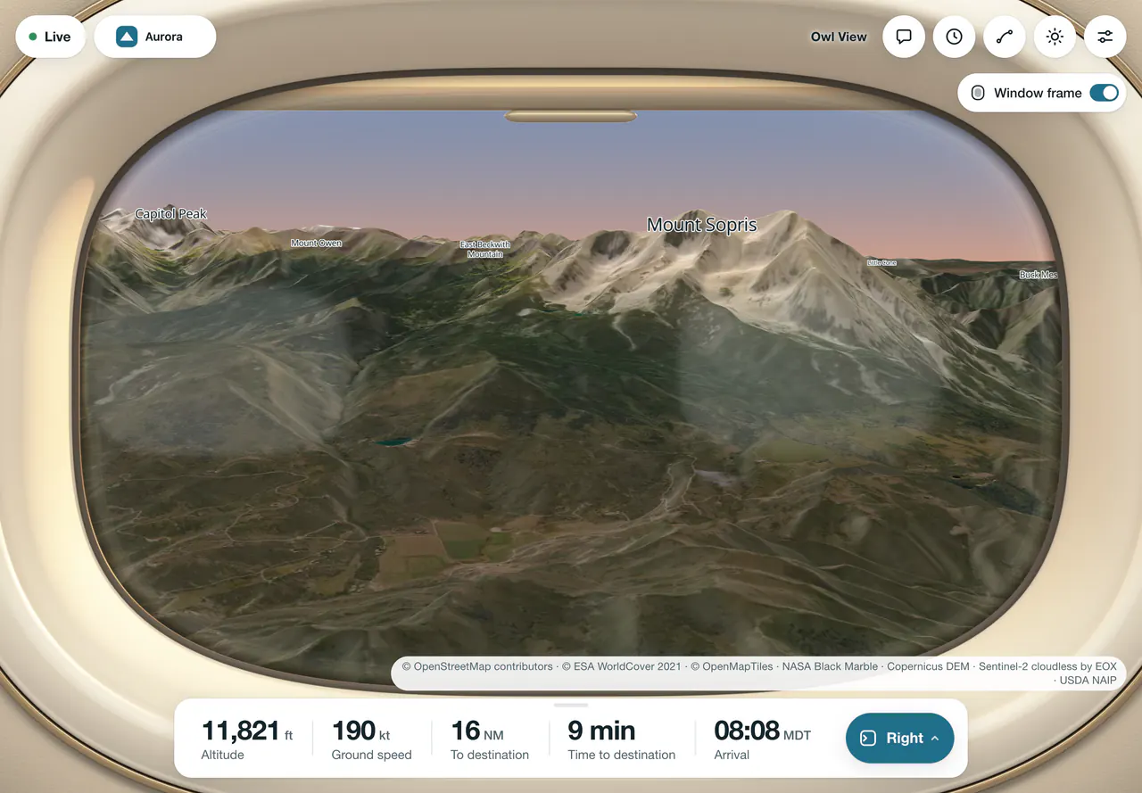 Owl View on a tablet: the right-hand window view on the approach into Aspen at golden hour, Mount Sopris framed by the cabin window