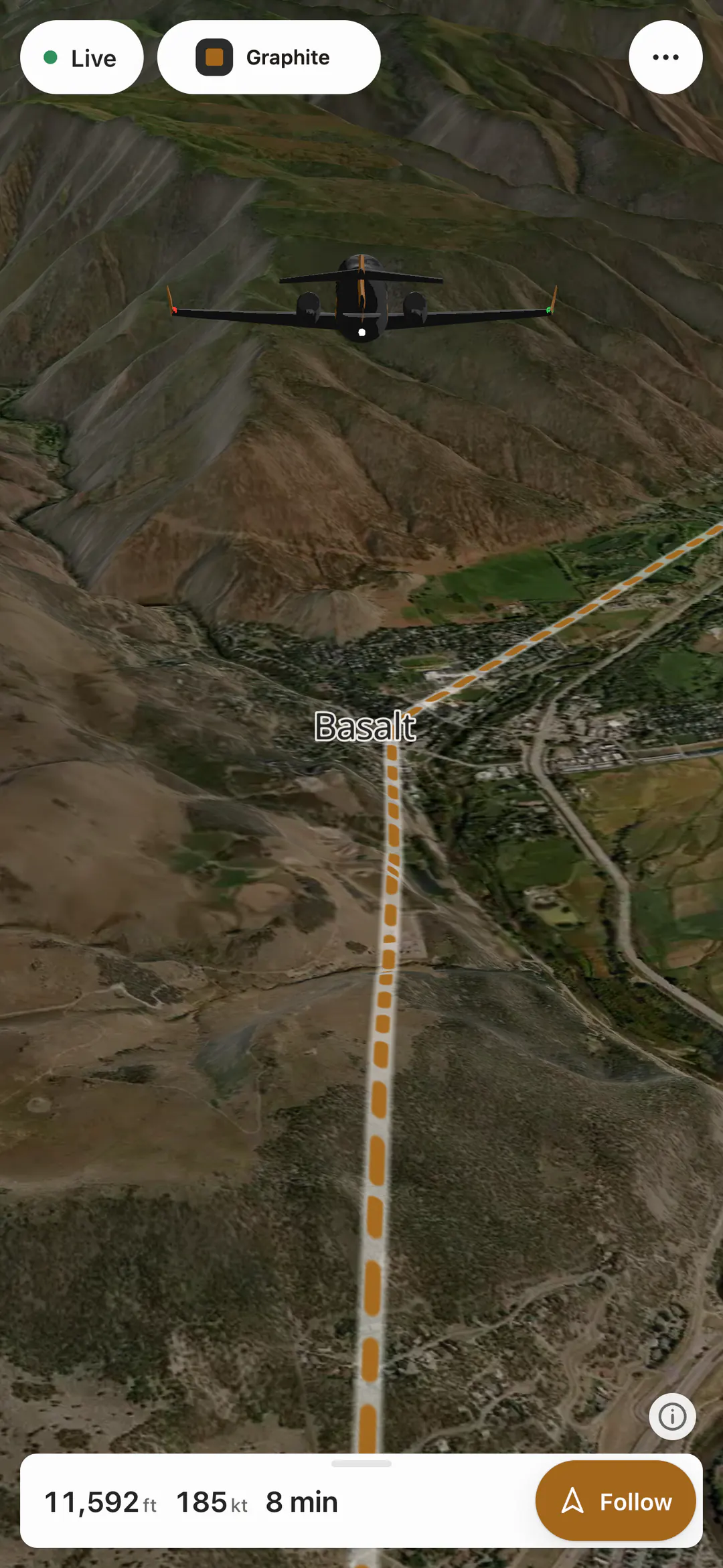 The Graphite sample theme on a phone: amber controls and the jet in Graphite's livery, following it down the Roaring Fork valley