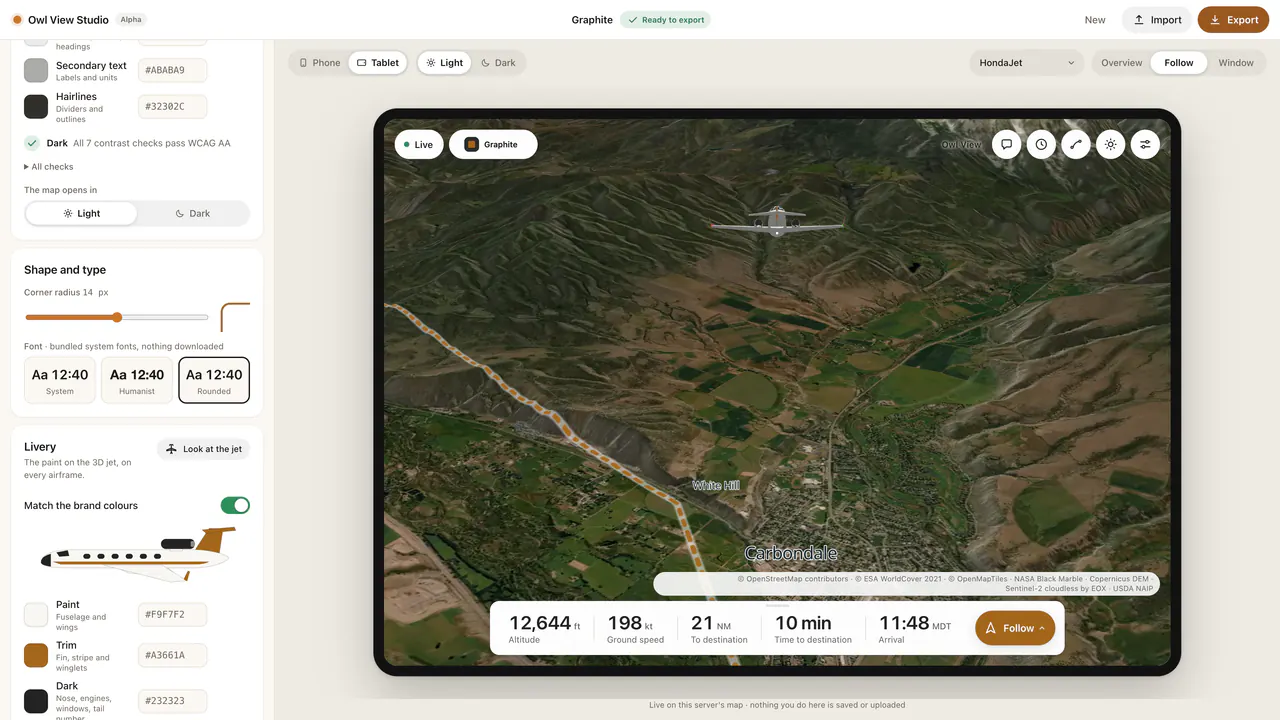 Operator Studio in a browser: brand controls on the left (name, logo, colours, font, corner radius, livery) and a live preview of the map in a tablet and a phone frame