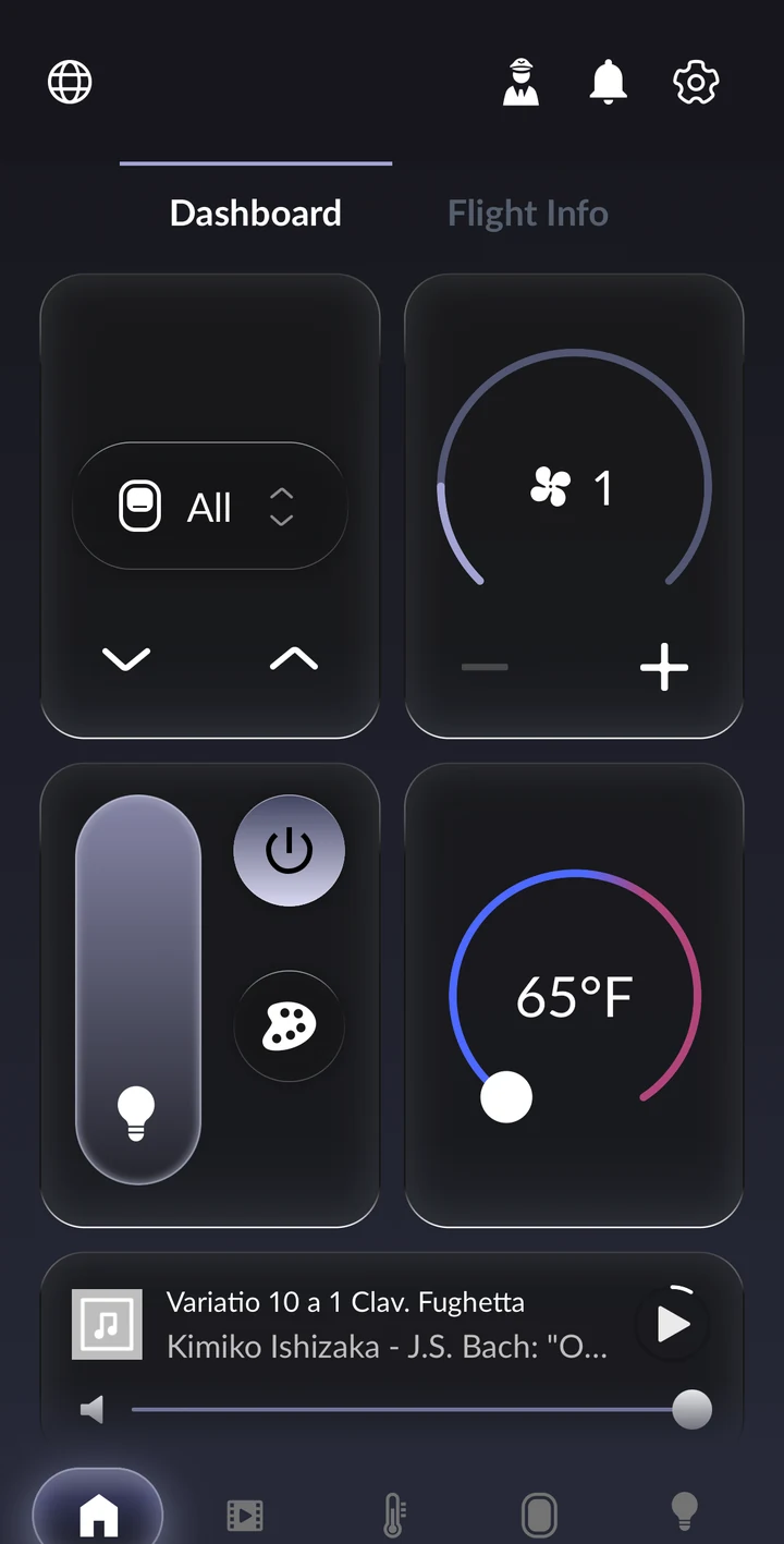PED app dashboard: shade zone selector, fan speed, lighting dimmer with power and colour, temperature dial, and a now-playing bar