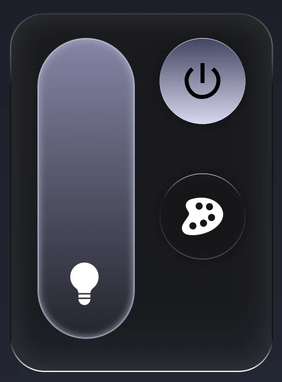 Lighting tile with a vertical dimmer, power button and colour palette
